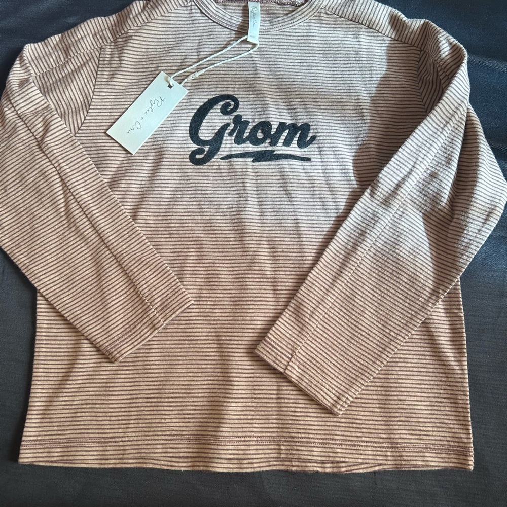 Rylee + Cru Brown Striped Shirt with Black Logo